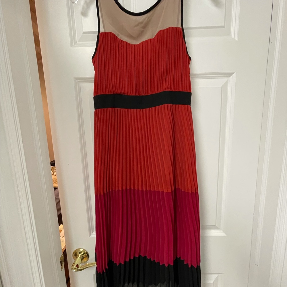 Red and black pleated dress. A show stopper!